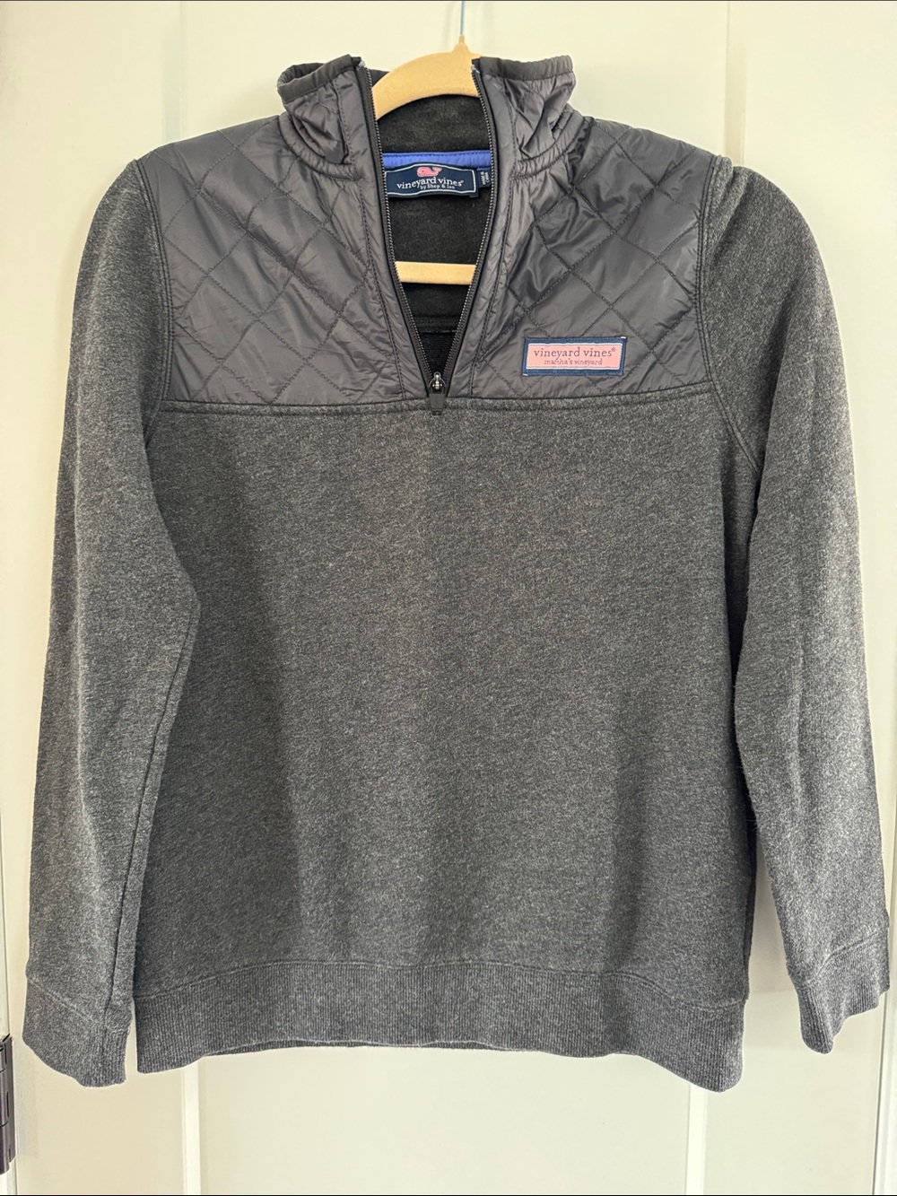 Boys Youth Vineyard Vines Quilted-Yoke Half-Zip Sweater in Charcoal Gray